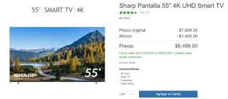 TV Sharp 55" 4K + Barra de Sonido LG + Subwoofer por $8,498 en Costco