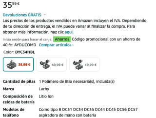 Batería de repuesto para Dyson aspiradora Inalámbrica por solo 21,59€