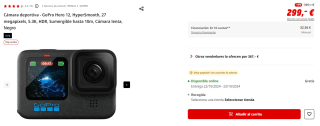 Cámara deportiva GoPro Hero 12, HyperSmooth, 27 megapixels por 299€ (newsletter por 289€)