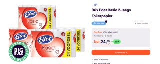 Edet Basic 2-laags Toiletpapier 96 rollen voor €24,95 bij Ibood