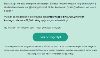 Gratis wasgel of kortingscode van €7,50 korting bij invullen van enquête Naïf (3 minuten)