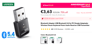 UGREEN Adapter 5.4 Bluetooth Dongle voor PC voor €3,36 bij Aliexpress