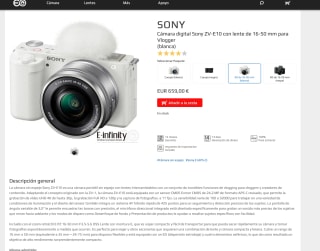 Cámara digital Sony ZV-E10 con lente de 16-50 mm por solo 659€