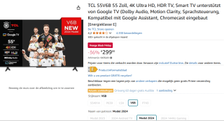 TV TCL 55V6B 55inch 4K Micro DIMMING TV Wi-Fi Chromecast voor €299 bij Amazon