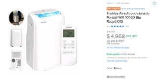 Toshiba Aire Acondicionado Portátil Wifi 10000 Btu por $4,968 en Mercado Libre