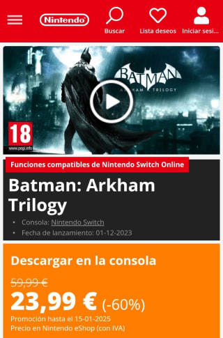 Batman: Arkham Trilogy Nintendo Switch por 23,99€.
