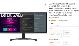 LG 34WN750 - QHD IPS UltraWide Monitor - 34 Inch voor €299 bij Amazon