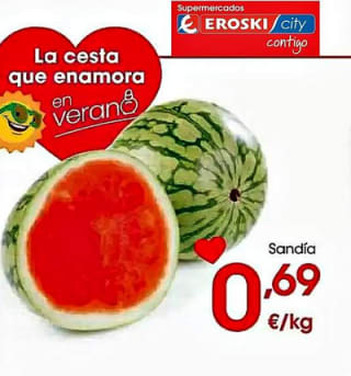 Sandía rayada al peso por solo 0,69€ Kg en Eroski