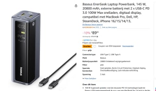Baseus EnerGeek Laptop Powerbank, 145 W, 20800 mAh voor €59,99 bij Amazon