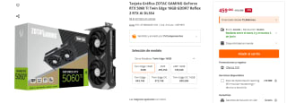 Tarjeta Gráfica ZOTAC GAMING GeForce RTX 5060 Ti Twin Edge 16GB GDDR7 Reflex 2 RTX AI DLSS4 por 459€