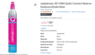 Reserve CO2 gasfles SodaStream Quick Connect, 60 l (roze) voor €19,99 bij Amazon