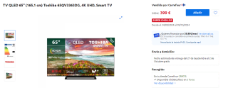 TV QLED 65" Toshiba 65QV3363DG, 4K UHD, Smart TV por 399€