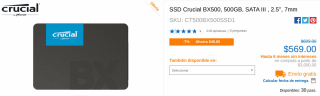 SSD Crucial BX500 500GB a $569 en CyberPuerta