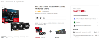 Tarjeta gráfica MSI AMD RADEON 7900 XTX 24GB por 1069€