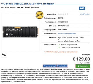 WD Black SN850X 2TB voor 129 euro