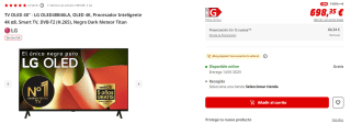 TV OLED 48" - LG OLED48B46LA, OLED 4K, Procesador Inteligente 4K α8, Smart TV, DVB-T2 (H.265) por 698.35€