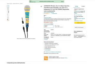 Micrófono para karaokes con Jack 3,5 y Adaptador 6,3 mm MIC100DES LEXIBOOK-Minions por 9,33€