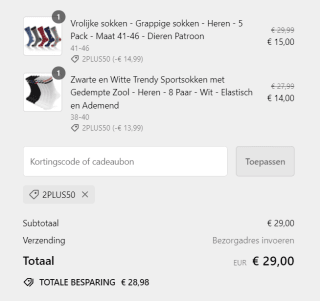 Kortingscode voor 50% korting bij aankoop van 2 of meer artikelen