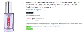 3 botes de L'Oreal Paris Dermo Expertise Revitalift Filler Sérum de Ojos con Ácido Hialurónico y Cafeína, Rellena Arrugas y Corrige ojeras, Triple Roll-on, 20 ml por 28.14€