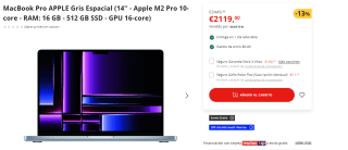 MacBook Pro APPLE Gris Espacial (14'' - Apple M2 Pro 10-core - RAM: 16 GB - 512 GB SSD - GPU 16-core) por 2119€