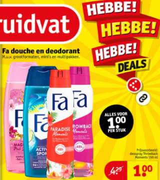 Alle Fa deodorant en douche voor €1 bij Kruidvat
