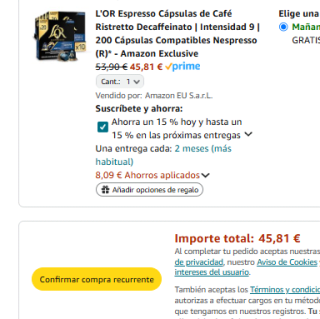 200 cápsulas L'OR Espresso Cápsulas de Café Ristretto Decaffeinato por 45,81€