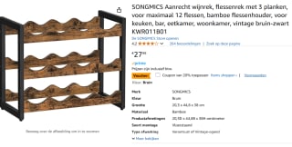 Songmics wijnrek met 3 planken voor €22,39 bij Amazon