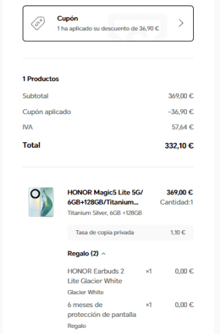 Movil Honor Magic5 Lite 6GB/128GB + EarBuds 2 lite + 6 meses seguro pantalla por 332,10€