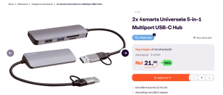 5 in 1 Hub met USB-C- 2 stuks voor €21,95 bij Ibood