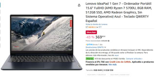 Lenovo IdeaPad 1 Gen 7, 15.6" FullHD AMD Ryzen 7 5700U, 8GB RAM, 512GB SSD, AMD Radeon Graphics por 369€