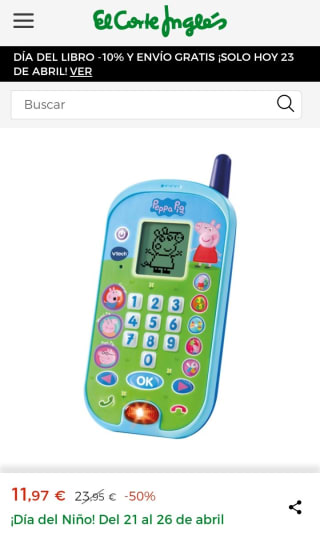 Móvil de juguete El teléfono de Peppa Pig VTech por 11,97€.