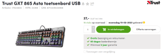 Trust GXT 865 Asta toetsenbord USB Belgisch Zwart voor €32,67 bij Aces Direct