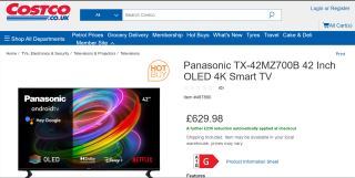 Panasonic TX-42MZ700B 42" OLED 4K Smart TV, available for £399.98
