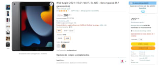 Apple iPad 2021 iPad 10,2", Wi-Fi, 64GB por 299€