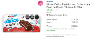 Kinder Délice Pastelito con Cobertura por $99 en Costco