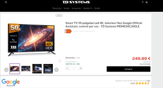 Smart TV 50 pulgadas Led 4K, televisor Hey Google Official Assistant, control por voz TD Systems PRIME50C20GLE por 249,89€