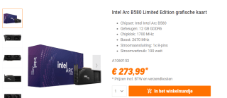 Intel Arc B580 Limited Edition grafische kaart voor €273,99 bij Nbb