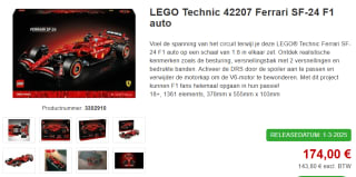 LEGO Technic 42207 Ferrari SF-24 F1 voor €174 bij Proshop