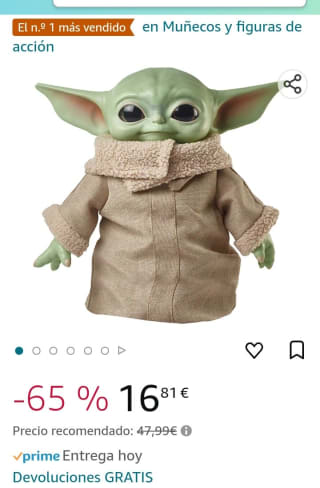 Star Wars Peluche de Baby Yoda de El Mandaloriano por 16,81€.
