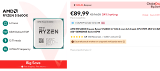 AMD AM4 Ryzen 5 6 Tray 5600X 3,7GHz voor €89,99 bij Aliexpress
