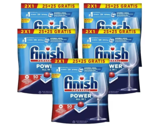 FINISH Detergente lavavajillas a máquina todo en uno FINISH Power 25 + 25 gratis cápsulas 5ud 250 pastillas total por 26,13€