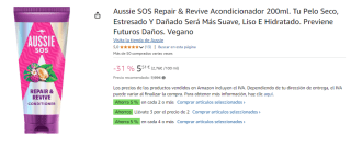 3 Botes de Aussie SOS Repair & Revive Acondicionador 200ml. Tu Pelo Seco, Estresado Y Dañado Será Más Suave, Liso E Hidratado. Previene Futuros Daños. Vegano por 9.86€