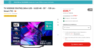 TV Mini LED 55'' HISENSE 55U7KQ Quantum Dot Colour, Modo Juego de 144Hz por 509,15€