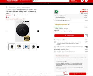 Lavadora secadora LG F4DR6009A1W Serie 600 9 kg / 6 kg 1400 rpm 12 programas AI Direct Drive TurboWash360˚ por solo 483,85€