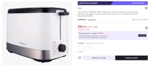Tostadora TESLA TS300BWX - (800 W, 2 rebanadas, tipo calentador de alambre de nicromo, bandeja para migas extraíble, descongelar, recalentar) por 12.55€