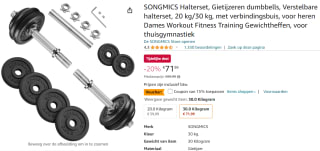 SONGMICS 30kg gietijzeren verstelbare halterset voor €61,19 bij Amazon