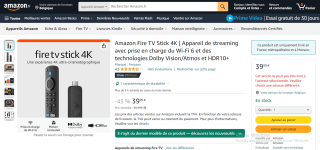 Fire TV Stick 4K 2èm génération - WiFi 6, Dolby Vision/Atmos, HDR10+ à 39,99€