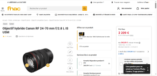 Objectif hybride Canon RF 24-70 mm f/2.8 L IS USM à 2209 €