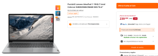 Portátil Lenovo IdeaPad 1 15IGL7 Intel Celeron N4020/8GB/256GB SSD/15.6" por 239€