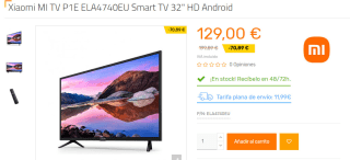 Smart TV Xiaomi MI TV P1E ELA4740EU 32" HD Android por 129€